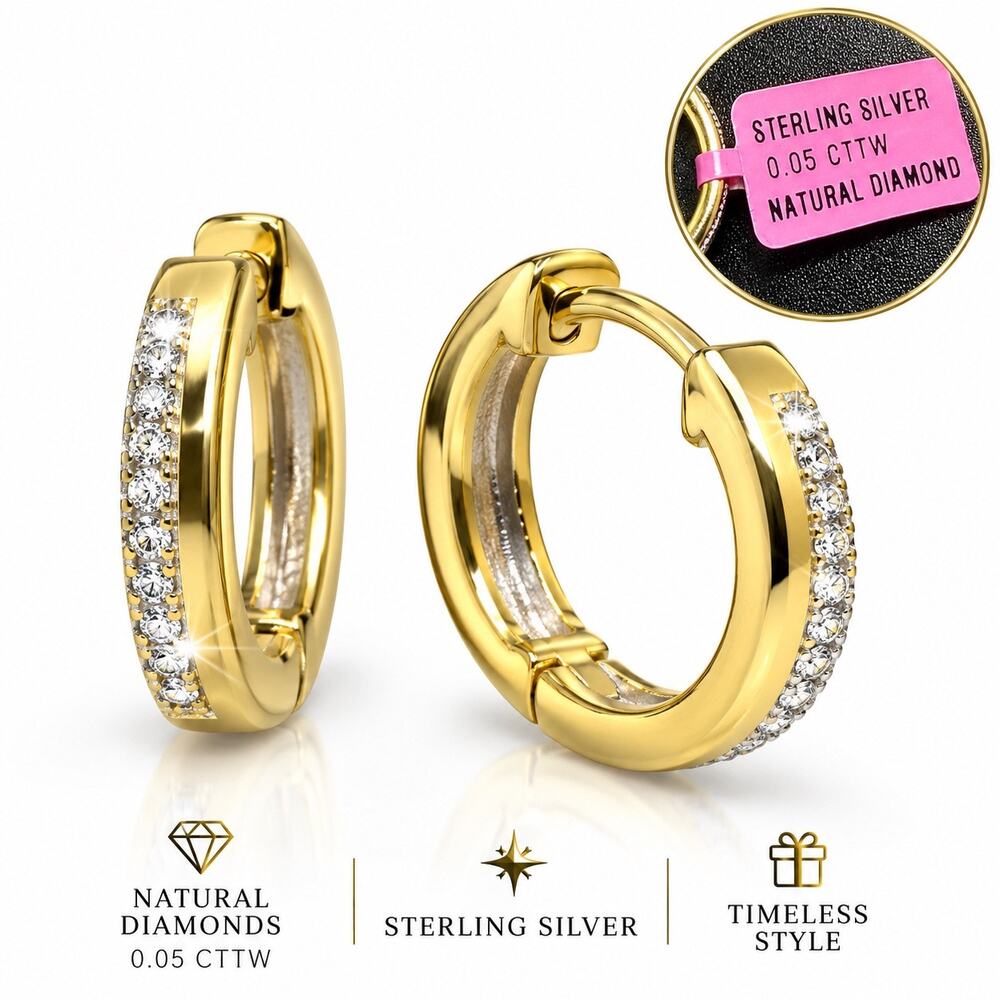 NWT Natural Diamond Huggie Hoop Earrings 14K Gold Plated 925 Sterling Silver